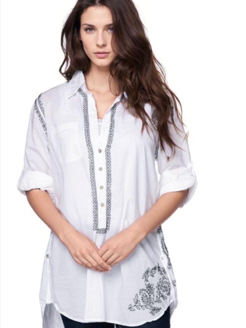 Subtle Luxury White Embroidered Button-Front Top